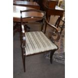 19th Century scroll arm carver chair with sabre legs and drop in seat