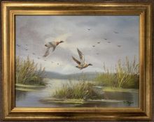 British School, 20th century, Mallards in flight, signed D.Teague to lower right, 11.5x15ins