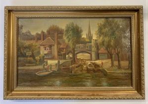 Geoffrey E. Mortimer (British, 20th century), Pull's Ferry, Norwich, oil on canvas, signed, 9.