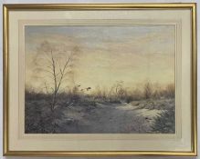 Arthur A. Pank (British, 20th century), pheasants in flight across a winter landscape, oil on board,