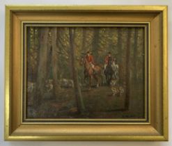 Geoffrey E. Mortimer (British, 20th century) fox hunting party within a woodland setting, oil on