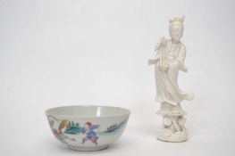 Chinese porcelain bowl with polychrome design of a battle scene together with a Chinese blanc de