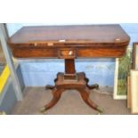 19th Century rosewood veneered card table with D shaped folding top raised on tapering rectangular