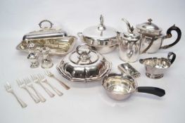 Quantity of plated wares, various serving dishes and covers, teapots, coffee pots etc