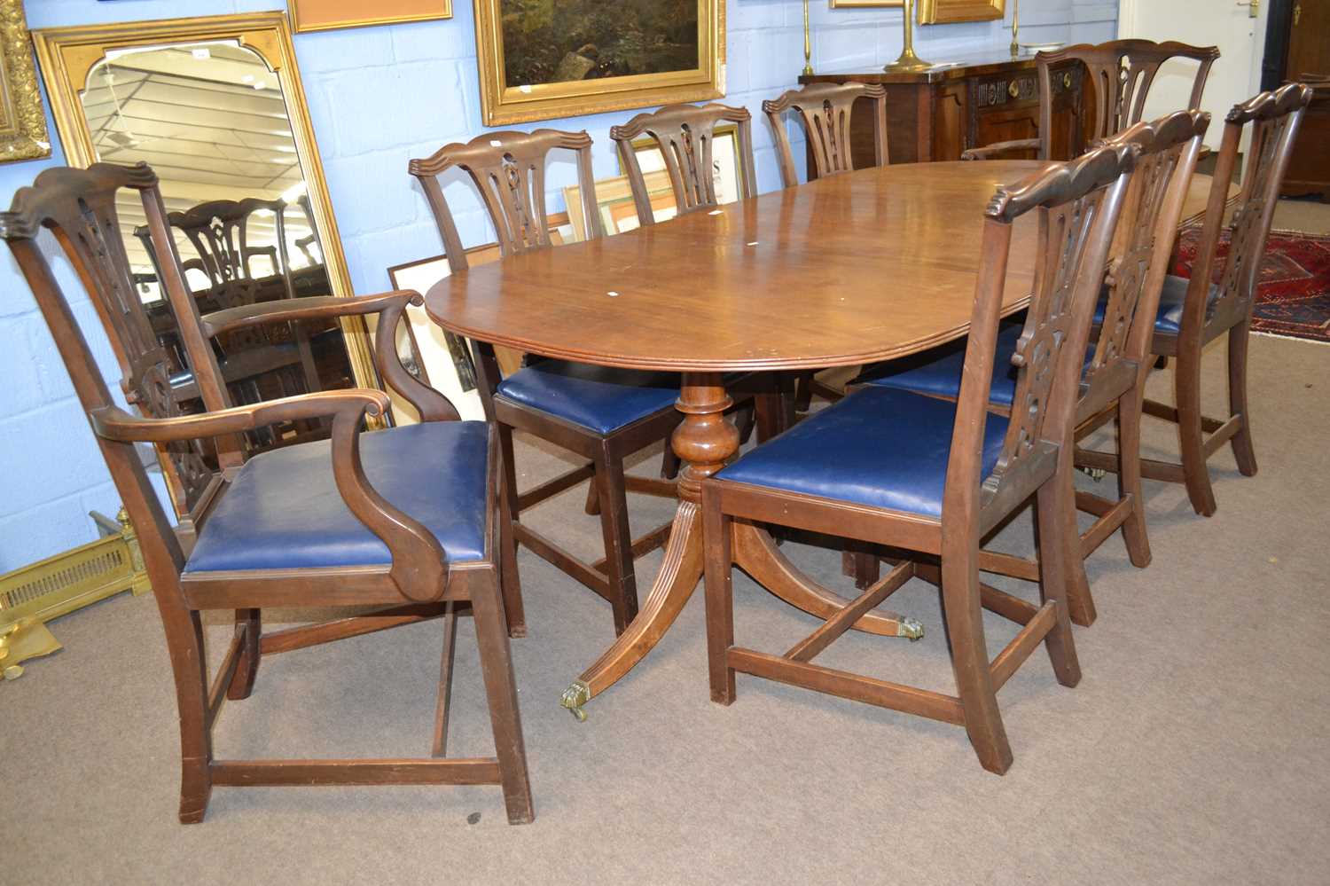Set of eight early 20th Century mahogany dining chairs with blue drop in seats together with an - Image 2 of 3