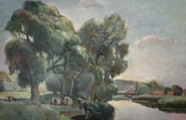 Horace Tuck (Brtish, 20th century) Norfolk riverside scene with grazing cattle, oil on canvas,