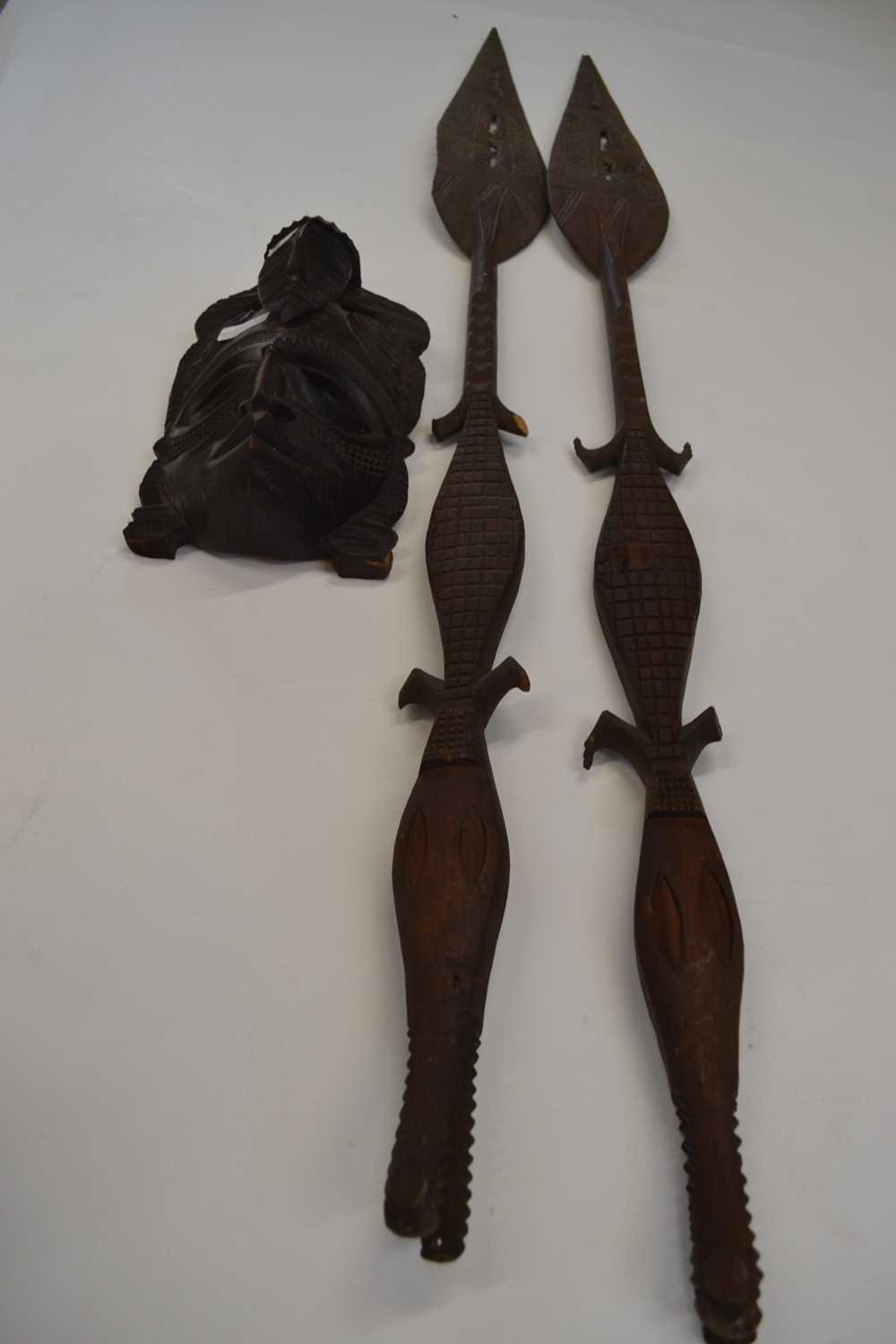 Pair of West African tribal paddle spears with crocodile formed handles, 155 cm long together with a - Image 3 of 3