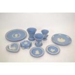 Quantity of Wedgwood pale blue jasper wares with various sprigged designs including plate for