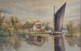 William Edward Mayes (British,1861-1952), Broadland scene with wherry, watercolour, signed, 5.5x8.
