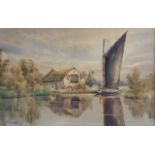 William Edward Mayes (British,1861-1952), Broadland scene with wherry, watercolour, signed, 5.5x8.