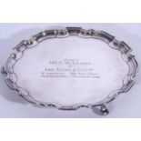 Mid-20th century silver plated presentation tea tray of circular form with 'Chippendale' rim and