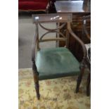 19th Century mahogany framed carver chain with green upholstered seat