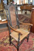 18th Century rush seated and cane backed armchair, 130 cm high