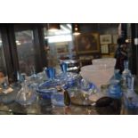 Quantity of blue glass items, dressing table sets, jars and covers, small vase, perfume atomiser