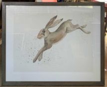 Kimberley Walker (British, contemporary), leaping hare, watercolour on laid paper, 21x29ins,