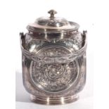 Antique EPBM biscuit barrel of square form, each side having an impressed circular floral panel,