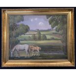 Geoffrey E. Mortimer (British, 20th century) a grazing horse and foal, oil on board, 21x16ins
