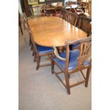 Set of eight early 20th Century mahogany dining chairs with blue drop in seats together with an