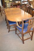 Set of eight early 20th Century mahogany dining chairs with blue drop in seats together with an