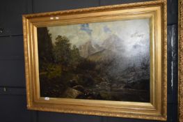 Late 19th/early 20th Century school study of a mountain landscape with river in foreground, oil on
