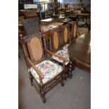 Set of eight early 20th Century oak carolean style dining chairs comprising two carver chairs and
