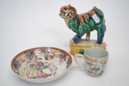 Group of Chinese ceramics including 18th Century cup, small dish and dog of fo in a tang style glaze