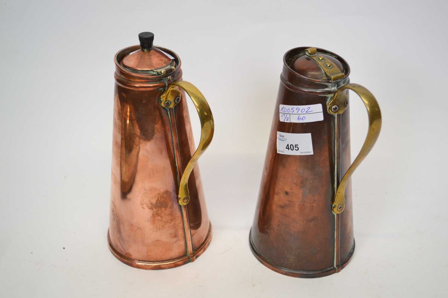 Two copper jugs, one stamped W A S Benson, 23cm high - Image 2 of 2