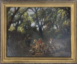 Geoffrey E. Mortimer (British, 20th century) fox hunting party riding through a woodland opening,