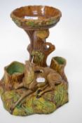 19th Century French majolica centre piece modelled as a tree trunk with recumbent deer below, 25cm