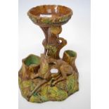 19th Century French majolica centre piece modelled as a tree trunk with recumbent deer below, 25cm