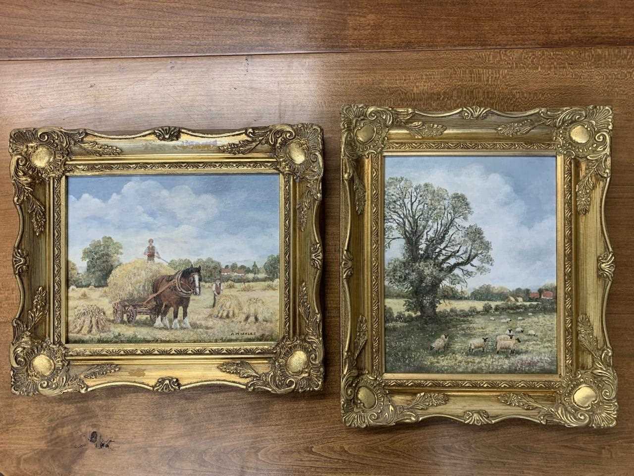 A.M. Wales (British, 20th century), grazing sheep with distant farm buildings, plus bringing in