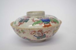 Chinese bowl and cover, crackle wear design with polychrome decoration of precious objects, 18cm