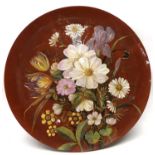 Large Brown Westhead Moore plaque, the brown ground decorated with floral sprays, 60 cm diameter