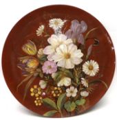 Large Brown Westhead Moore plaque, the brown ground decorated with floral sprays, 60 cm diameter