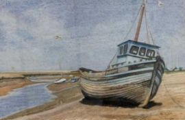 Norna Johnston (British, contemporary), beached boats on the shore line, watercolour, 6.5x10ins,