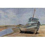 Norna Johnston (British, contemporary), beached boats on the shore line, watercolour, 6.5x10ins,