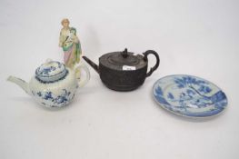 Group of ceramics including a Worcester feather moulded teapot and cover, a London delft plate,