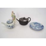 Group of ceramics including a Worcester feather moulded teapot and cover, a London delft plate,