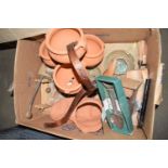 BOX CONTAINING VARIOUS TERRACOTTA PLANTERS ETC