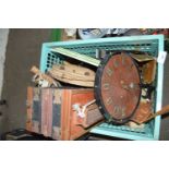 BOX CONTAINING VINTAGE ACCORDION (A/F), VARIOUS CLOCKS ETC