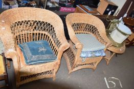 PAIR OF MATCHING CONSERVATORY ARMCHAIRS TOGETHER WITH A CIRCULAR CONSERVATORY TABLE