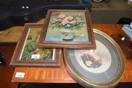 TWO FRAMED PRINTS TOGETHER WITH OIL ON BOARD, STILL LIFE OF FLOWERS, INDISTINCT INITIALS