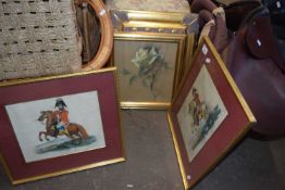 TWO VARIOUS FRAMED PICTURES TOGETHER WITH A PAIR OF HAND COLOURED 19TH CENTURY ENGRAVINGS,