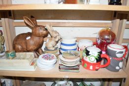 VARIOUS MUGS, COASTERS ETC TOGETHER WITH TWO VARIOUS RABBIT FIGURES