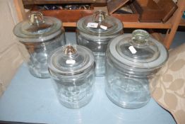 FOUR VARIOUS KITCHEN GLASS STORAGE JARS