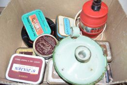 BOX CONTAINING QUANTITY OF VARIOUS VINTAGE TOBACCO TINS ETC, WATNEYS RED BARREL PROMOTIONAL TABLE