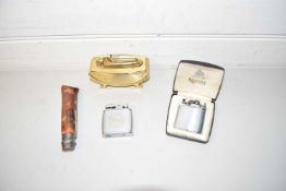 GILT BRASS TABLE LIGHTER TOGETHER WITH OTHER LIGHTERS AND A WOODEN PENKNIFE