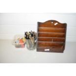 WOODEN LETTER RACK, QUANTITY OF RAZOR BLADES ETC AND ALSO A QUANTITY OF FOUNTAIN PENS