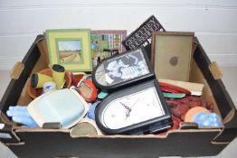 BOX CONTAINING MIXED LOT OF ITEMS, CLOCK SOME DICE, SMALL PICTURES ETC