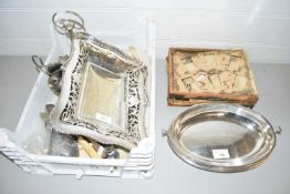 PLASTIC TRAY CONTAINING QUANTITY OF SILVER PLATED WARES, SERVING DISHES FLAT WARE ETC